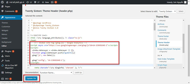 Bước 3: Copy “mã code” ở đầu bước 4 và paste(dán) ở dưới thẻ